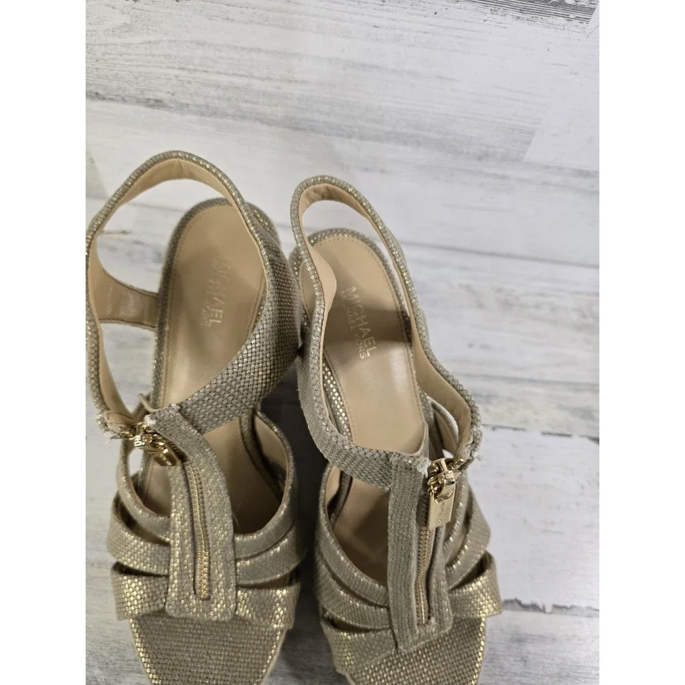 Michael Kors Gold Metallic Espadrille Wedge Sandals Front Zip Platform Mens 8.5M